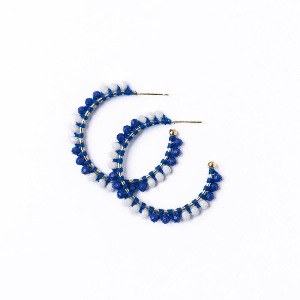 Game Day Crystal Threaded Beads Hoop Earrings Blue + White
