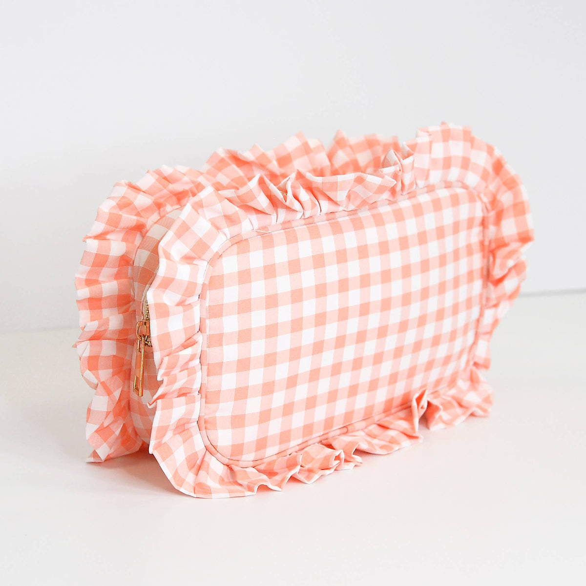 Gingham Ruffle Zipper Pouch Embroidery Friendly Cosmetic Bag: Green