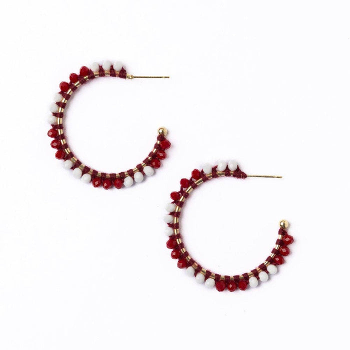 Game Day Crystal Threaded Beads Hoop Earrings Maroon + White