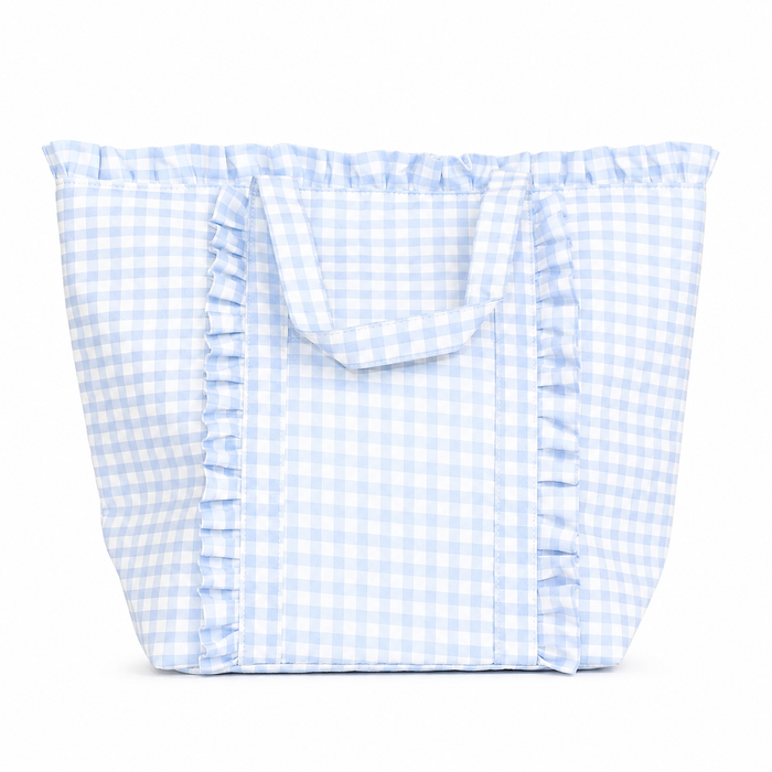 Gingham Ruffle Tote Bag Gingham Tote Embroidery Friendly : Light Blue