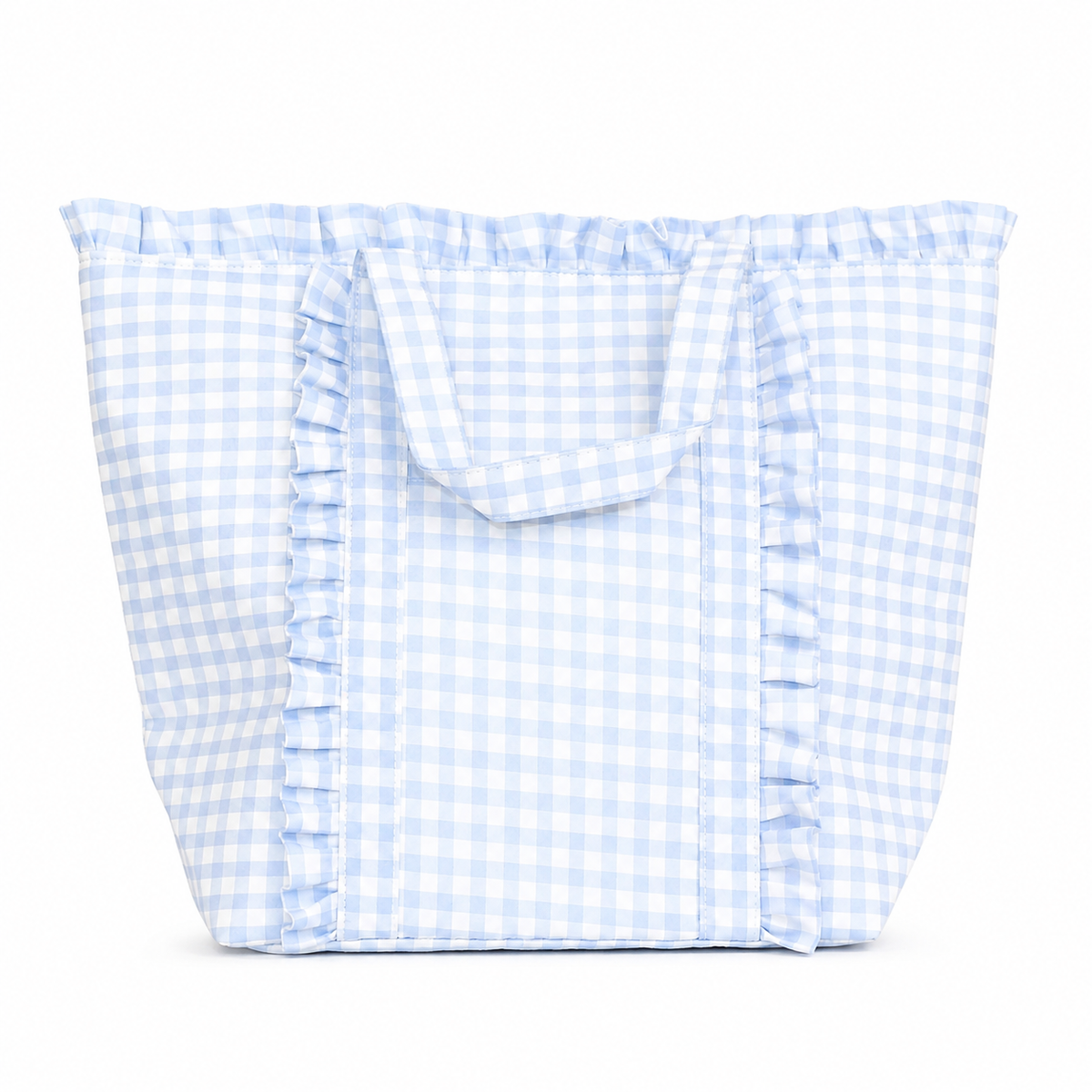Gingham Ruffle Tote Bag Gingham Tote Embroidery Friendly : Tan