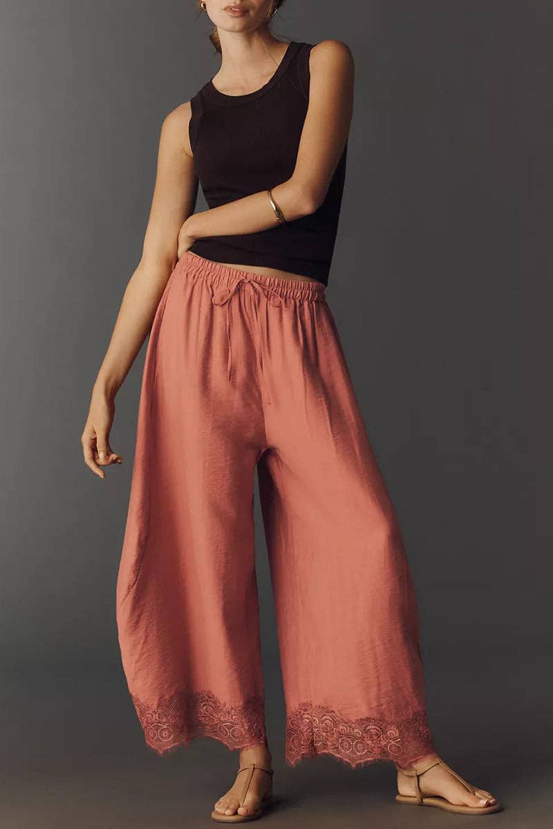 Vintage Red Wide-Leg Lace Trim Casual Pants