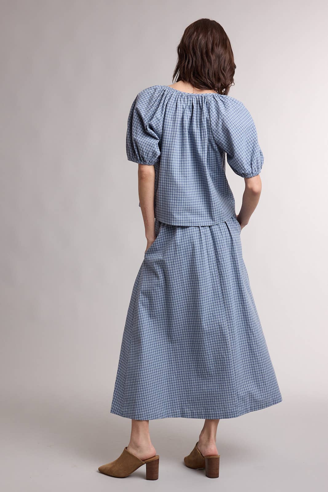 Blueberry Plaid Puff Sleeve Skirt Set