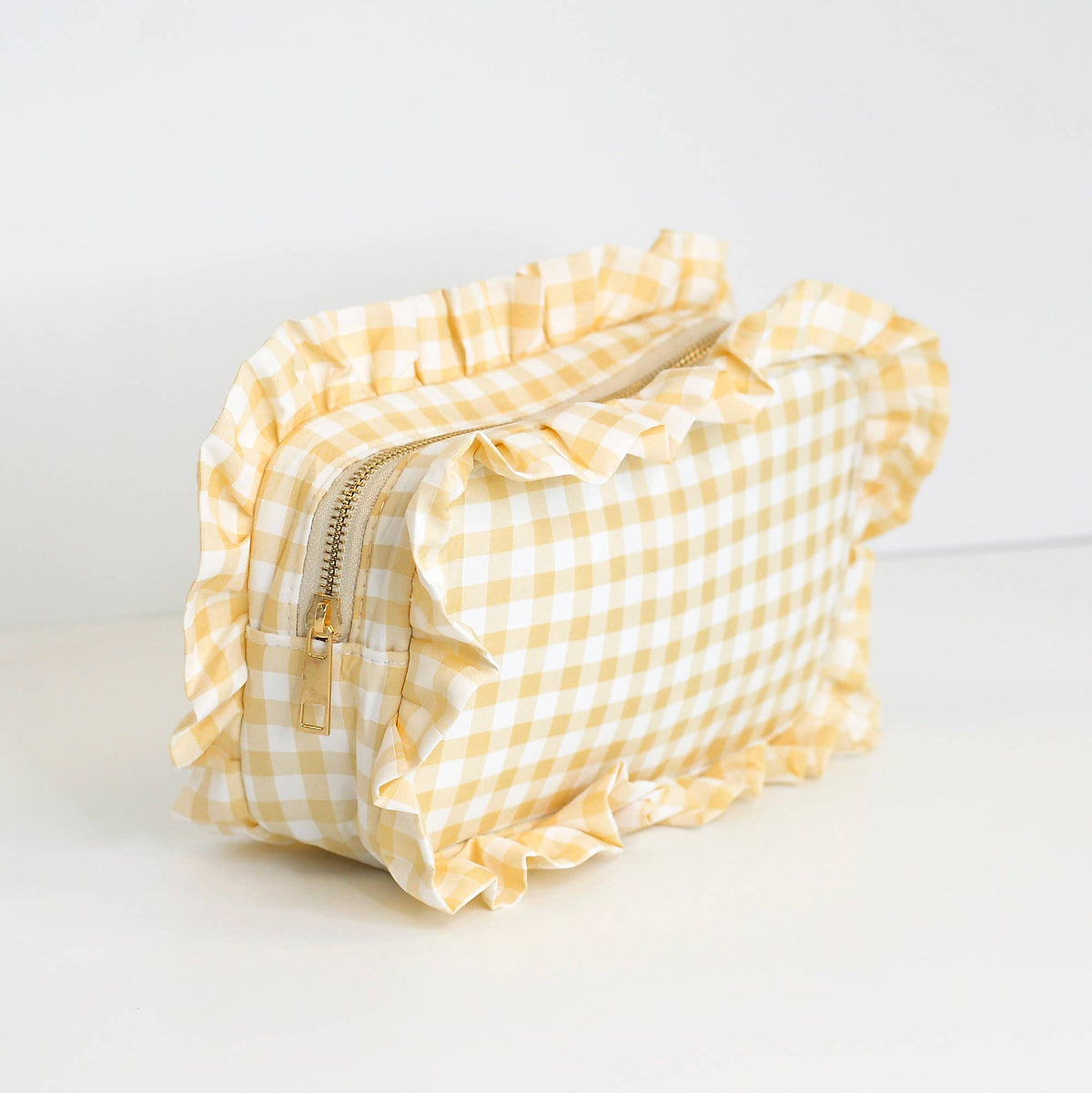 Gingham Ruffle Zipper Pouch Embroidery Friendly Cosmetic Bag: Tan