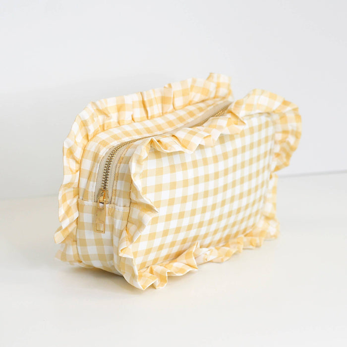 Gingham Ruffle Zipper Pouch Embroidery Friendly Cosmetic Bag: Tan