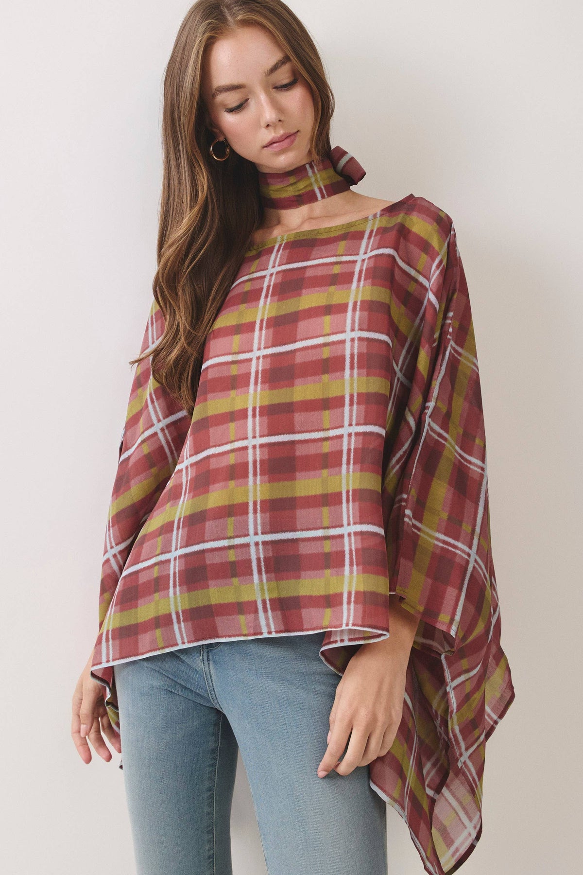 Plaid Poncho Top W/ Scarf