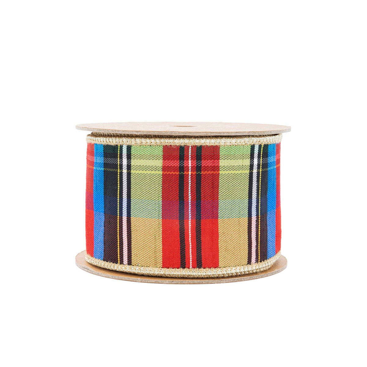 2 1/2" Wired Ribbon | Black/Lime/Red/Royal Plaid w/ Gold Dupioni-fused Backing | 10 Yard Roll