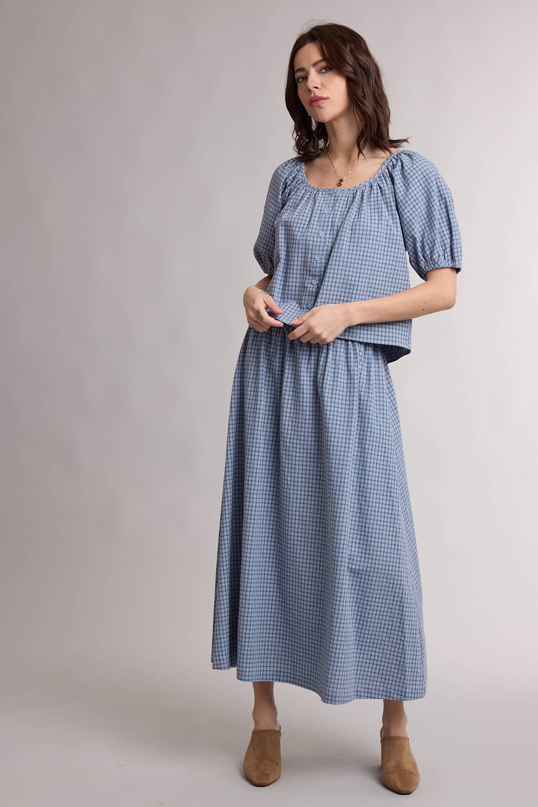 Blueberry Plaid Puff Sleeve Skirt Set