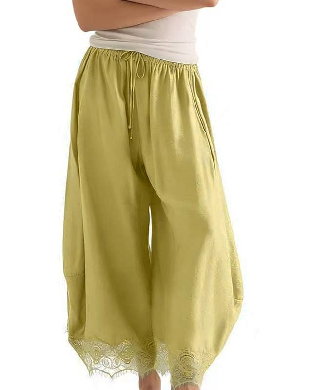 Lace Hem  Wide Leg Ankle Pants: Matcha