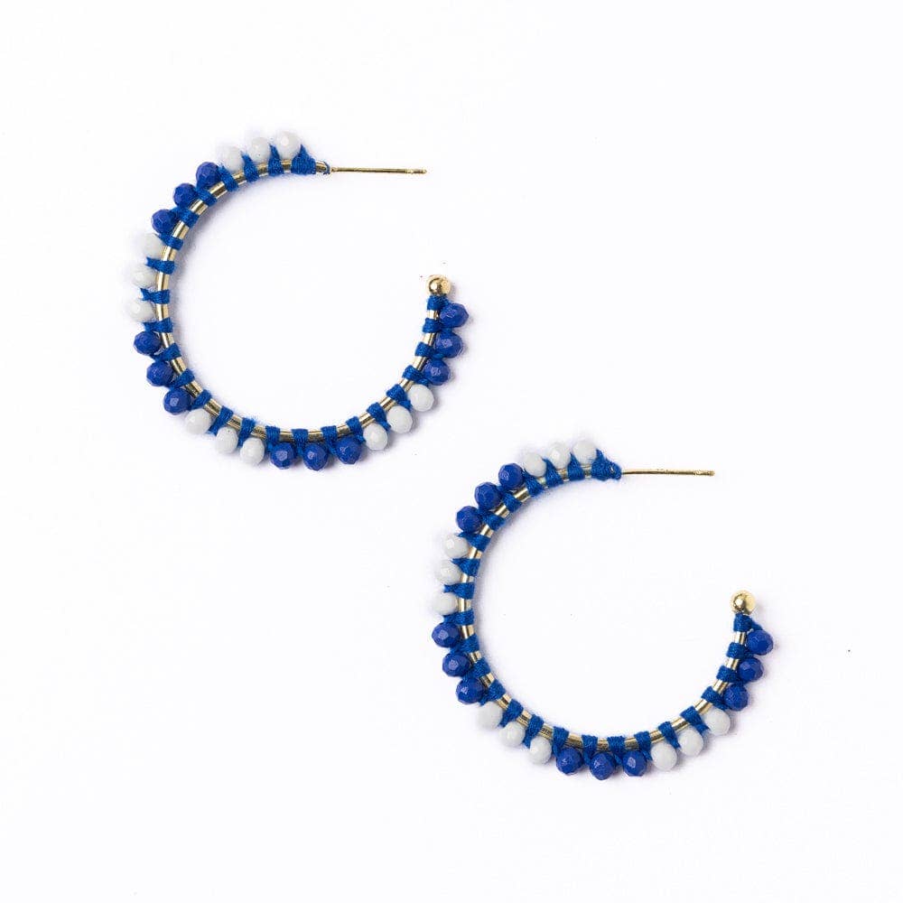 Game Day Crystal Threaded Beads Hoop Earrings Blue + White
