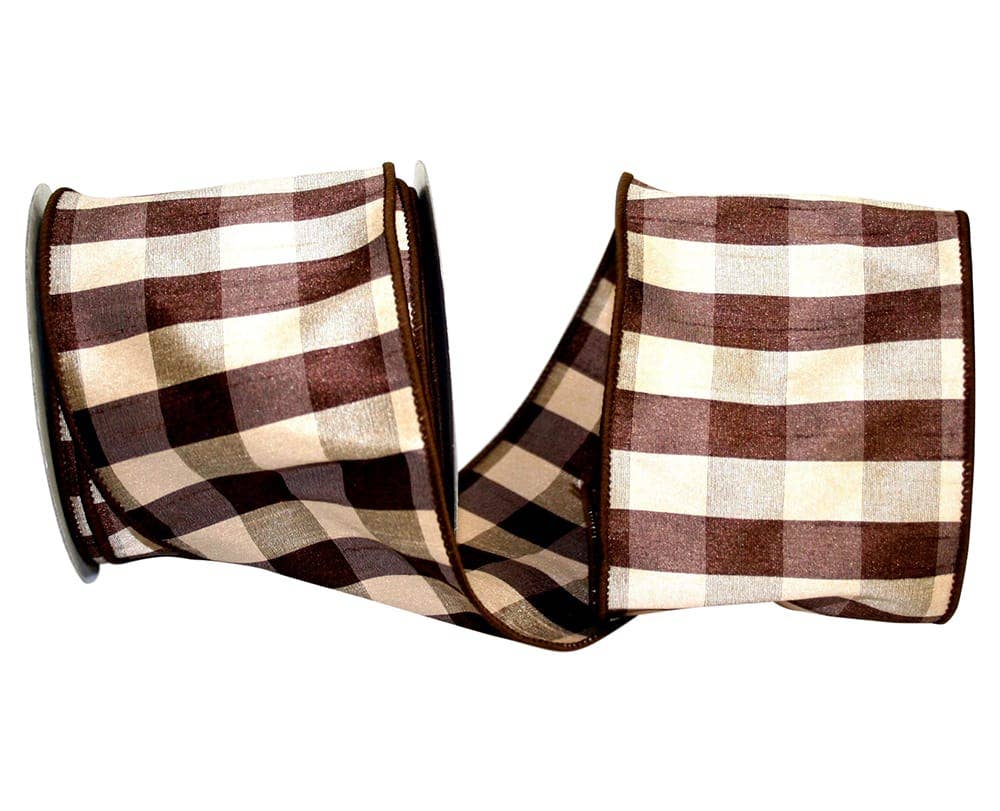 Check Silk Wired Edge Ribbon, Brown, 4 In, 10 Yards
