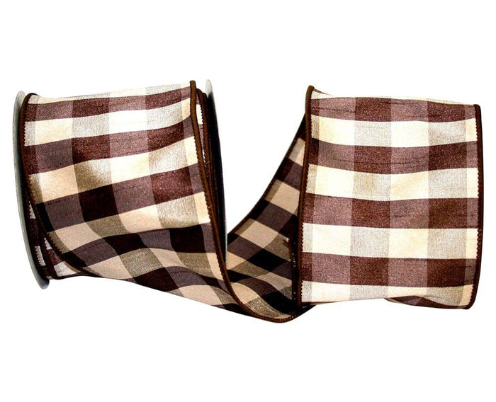 Check Silk Wired Edge Ribbon, Brown, 4 In, 10 Yards