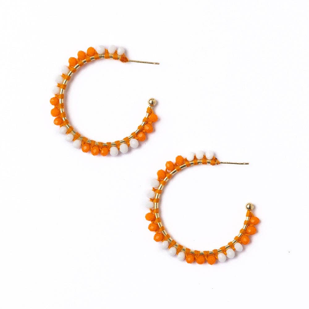 Game Day Crystal Threaded Beads Hoop Earrings Orange + White