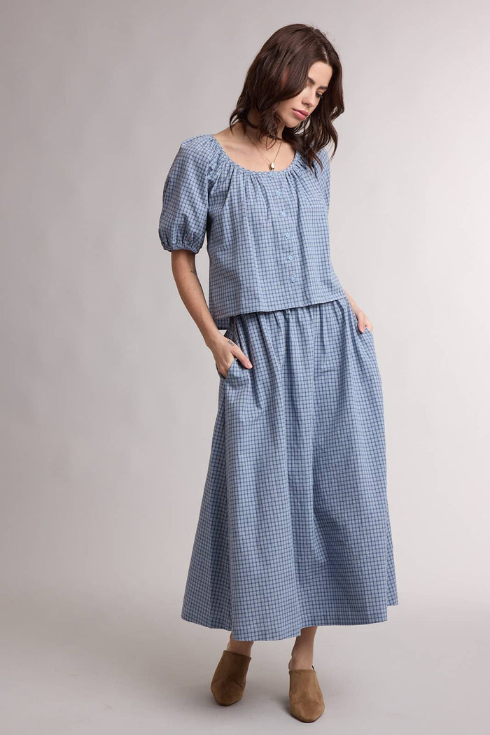 Blueberry Plaid Puff Sleeve Skirt Set