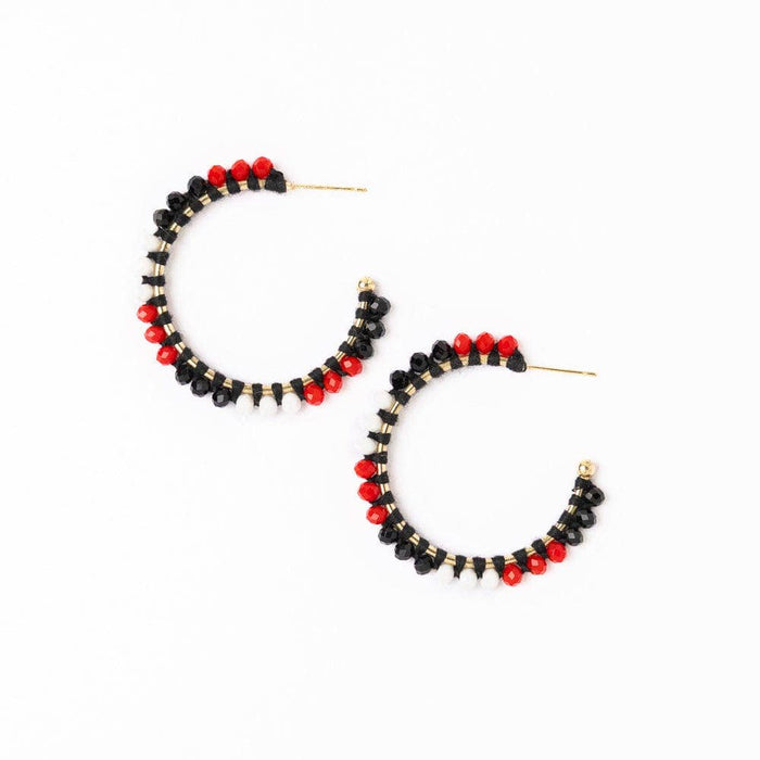 Game Day Crystal Threaded Beads Hoop Earrings Red + Black
