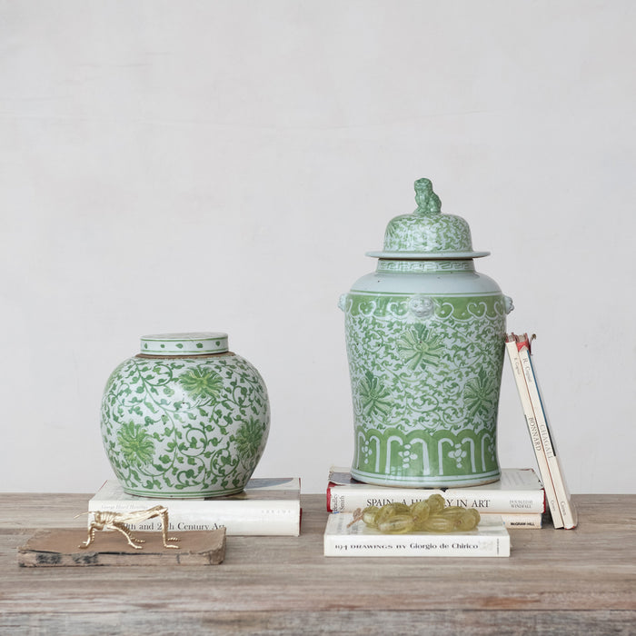 Green Ginger Jar w/ Floral Pattern & Foo Dog