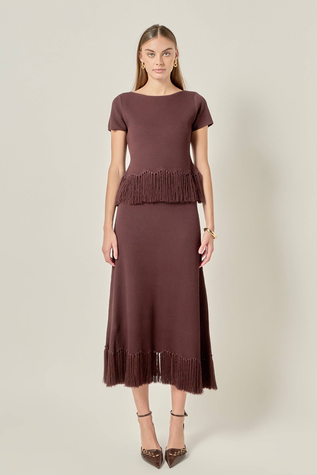 Fringe Hem Knit Midi Skirt: CHOCOLATE BROWN