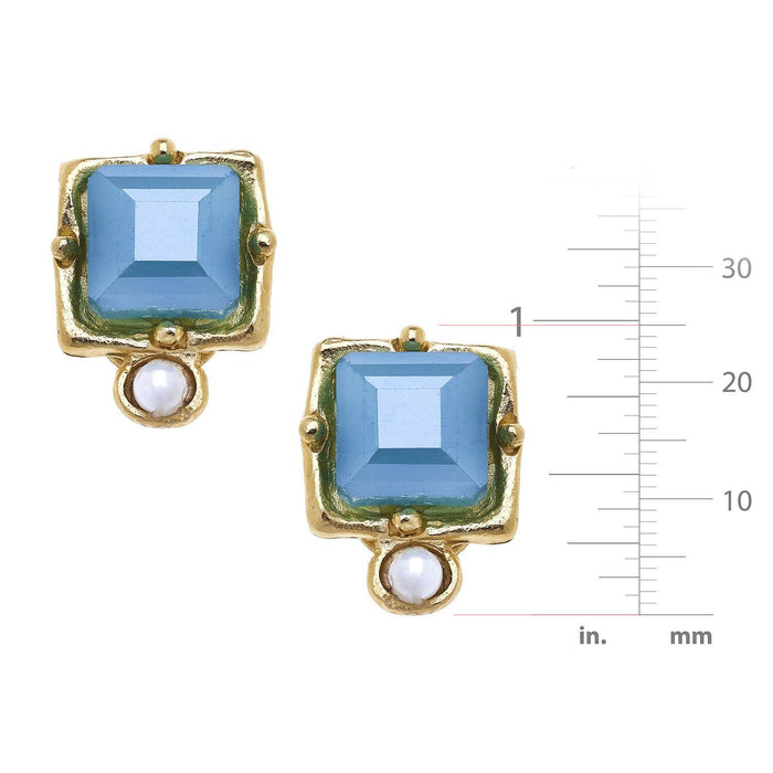 London Aqua Crystal + Pearl Detail Studs