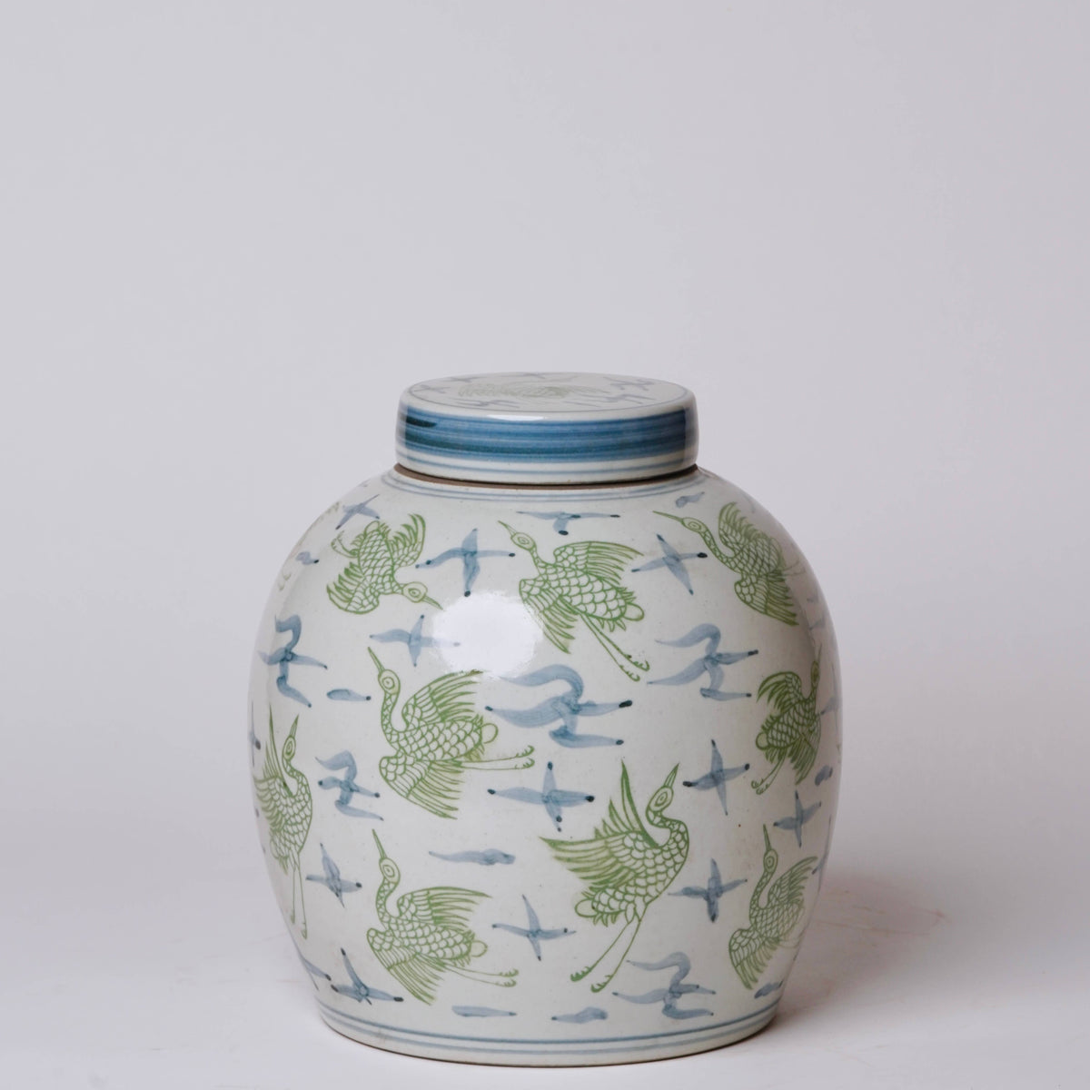 Blue and Green Porcelain Cranes and Clouds Round Storage Jar