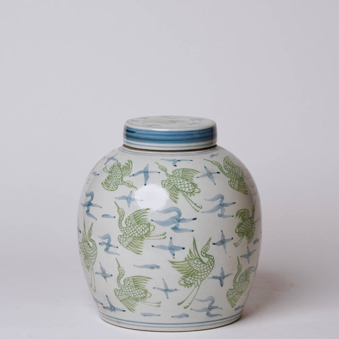 Blue and Green Porcelain Cranes and Clouds Round Storage Jar