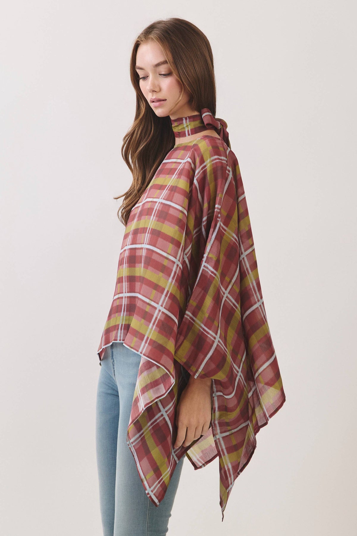 Plaid Poncho Top W/ Scarf