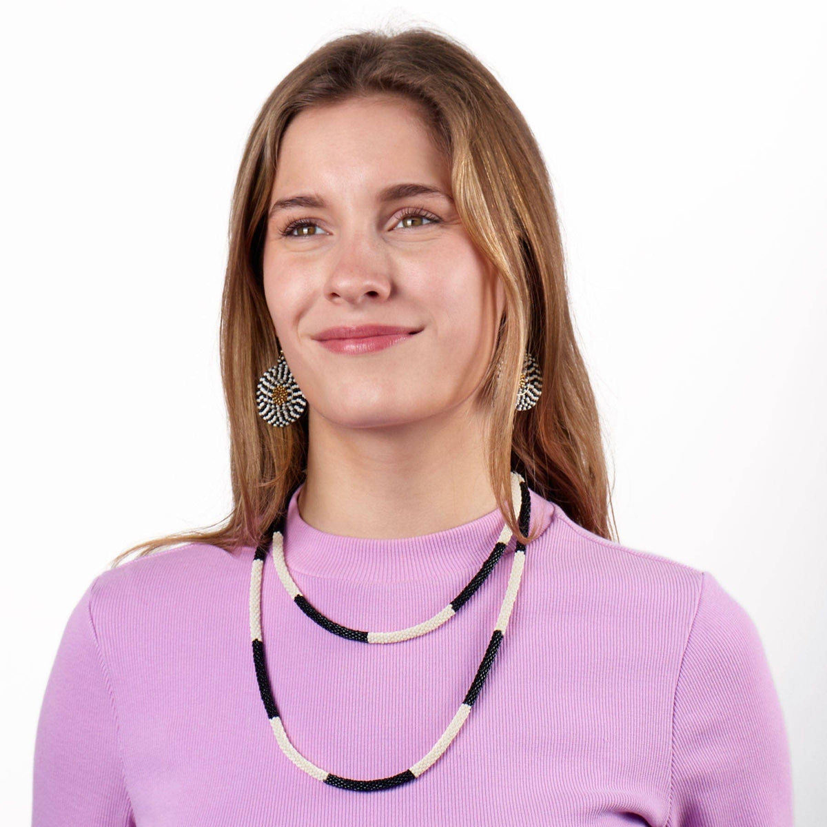 Allie Seed Bead Long Necklace Black + White