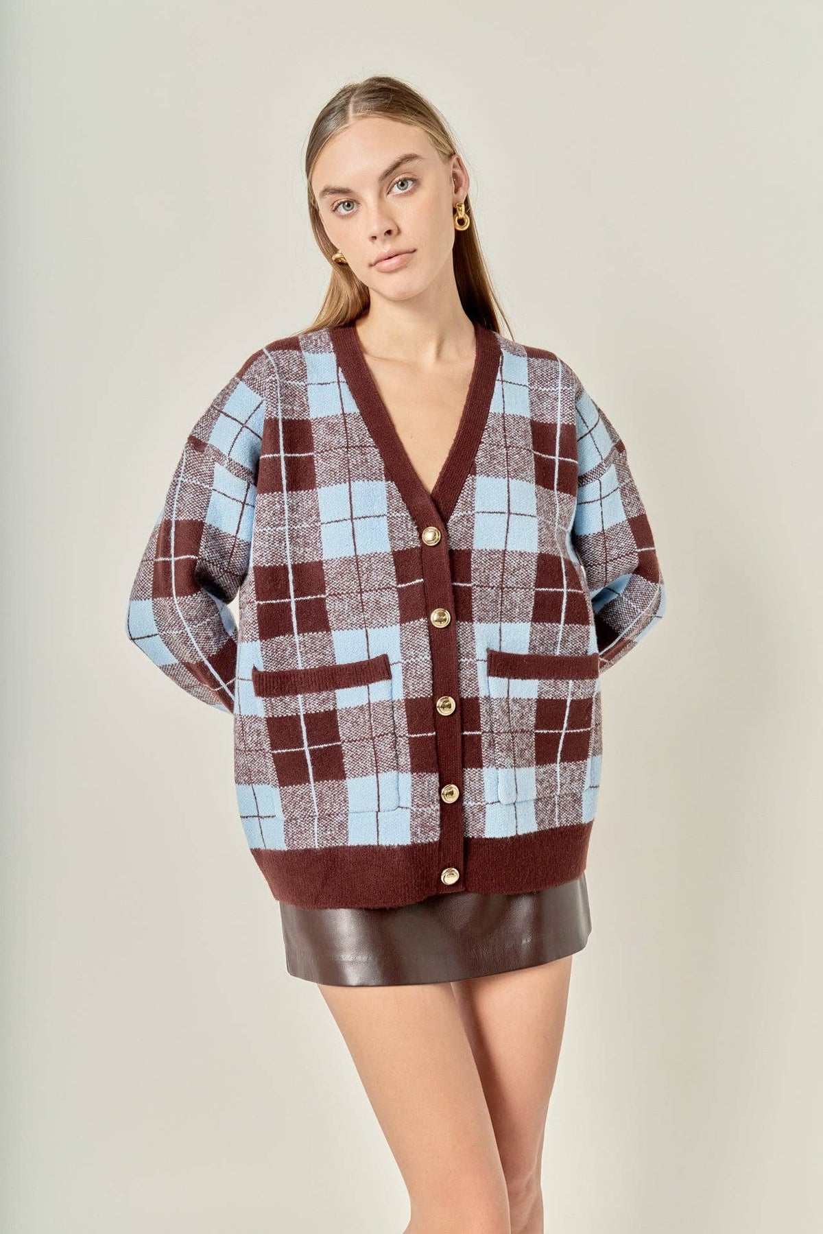 Oversized Plaid Knit Cardigan
