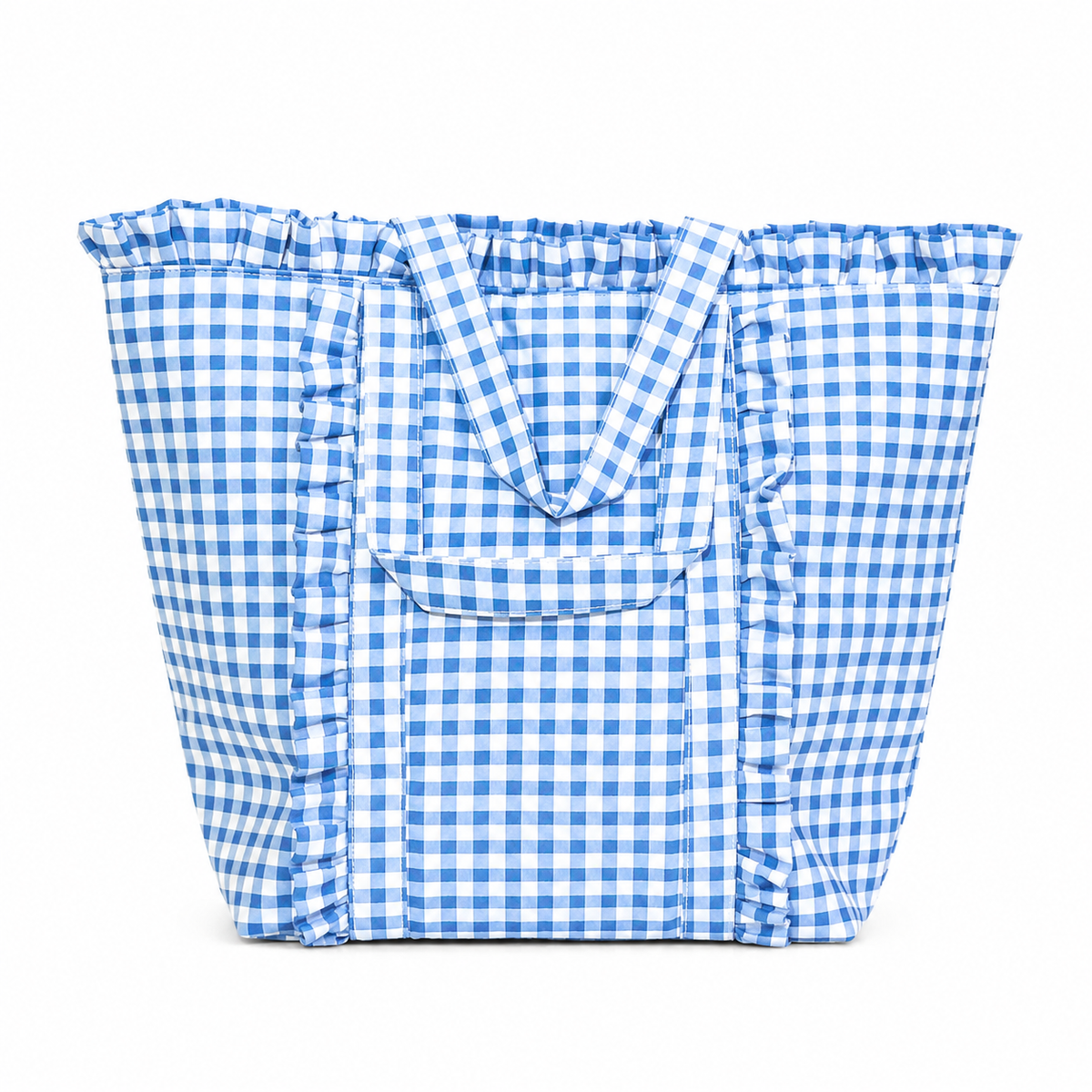 Gingham Ruffle Tote Bag Gingham Tote Embroidery Friendly : Tan