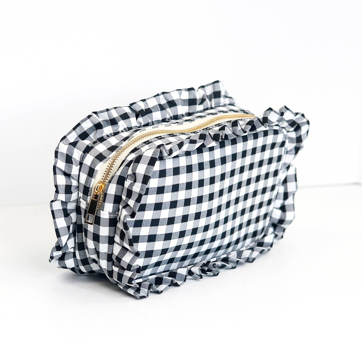 Gingham Ruffle Zipper Pouch Embroidery Friendly Cosmetic Bag: Tan