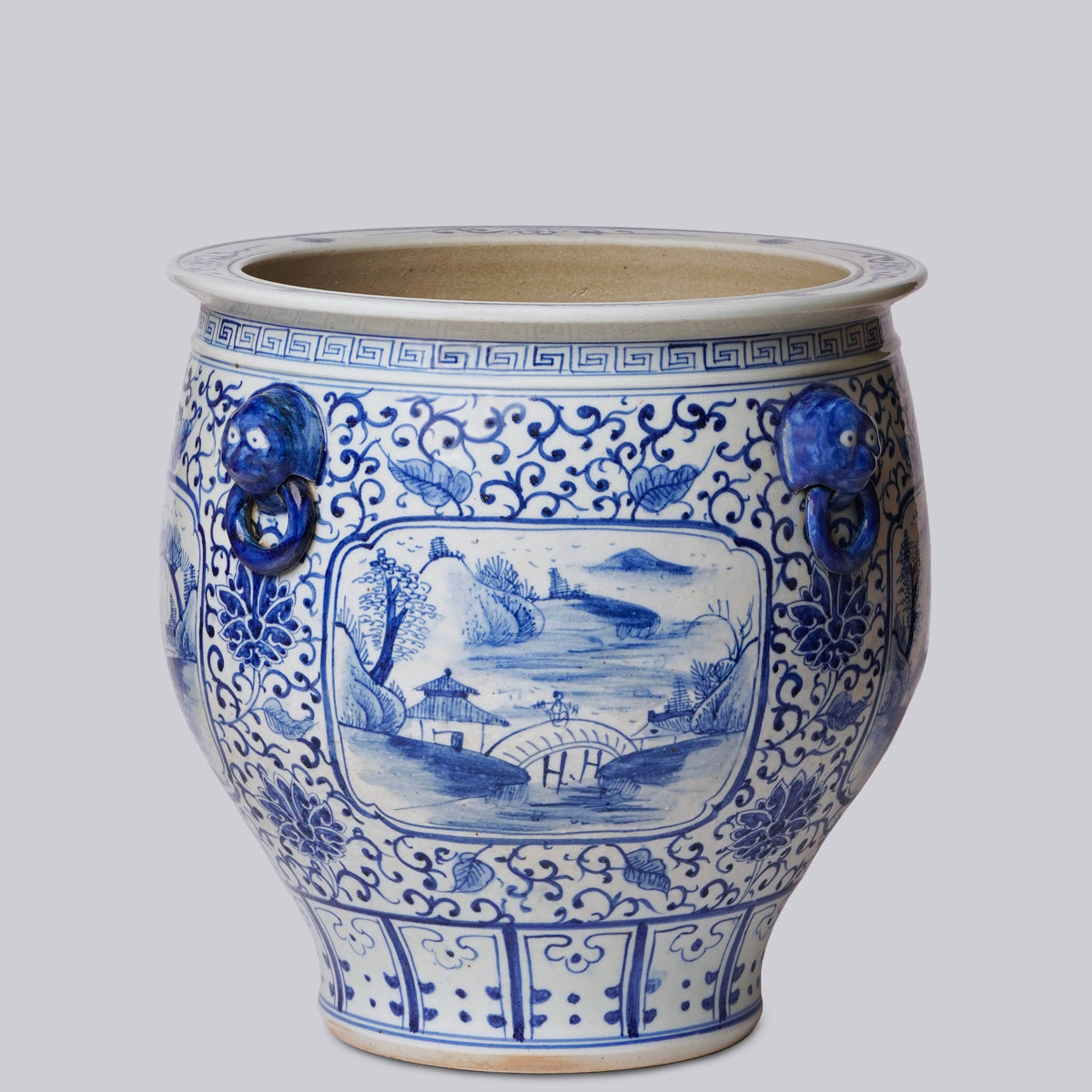 Blue and White Landscape Cartouche Porcelain Planter