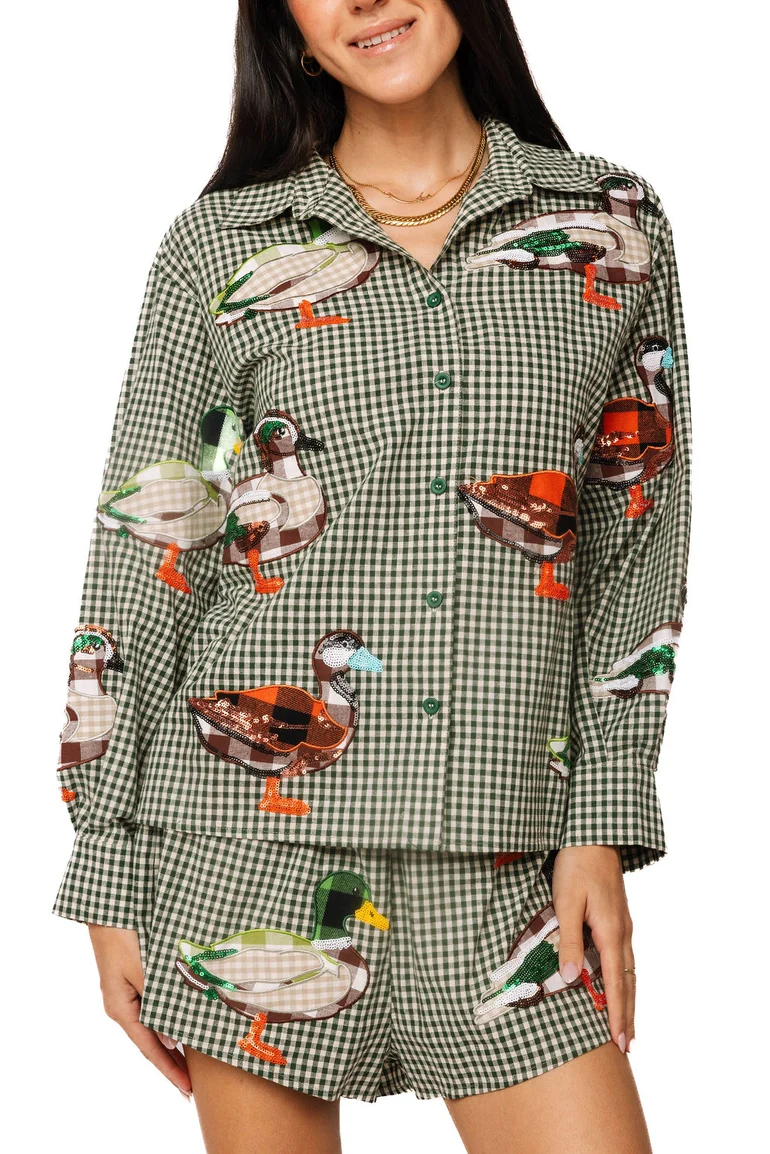 QOS Green & White Gingham Duck Button Up Top