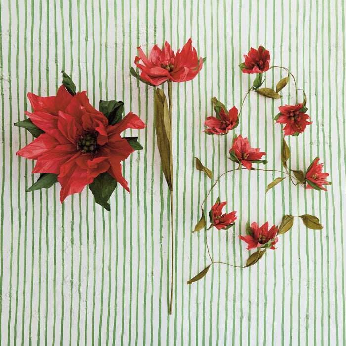 Handmade Paper Poinsettia Pick, Red & Green