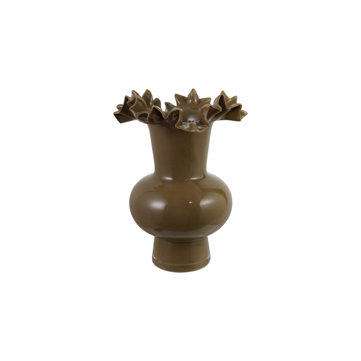 Opaque Olive Glass Footed Ruffled Vase