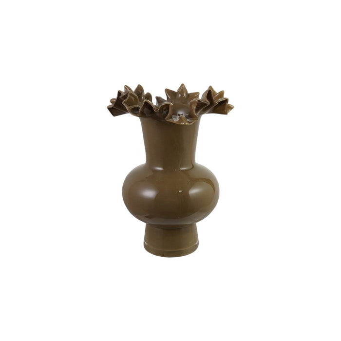 Opaque Olive Glass Footed Ruffled Vase