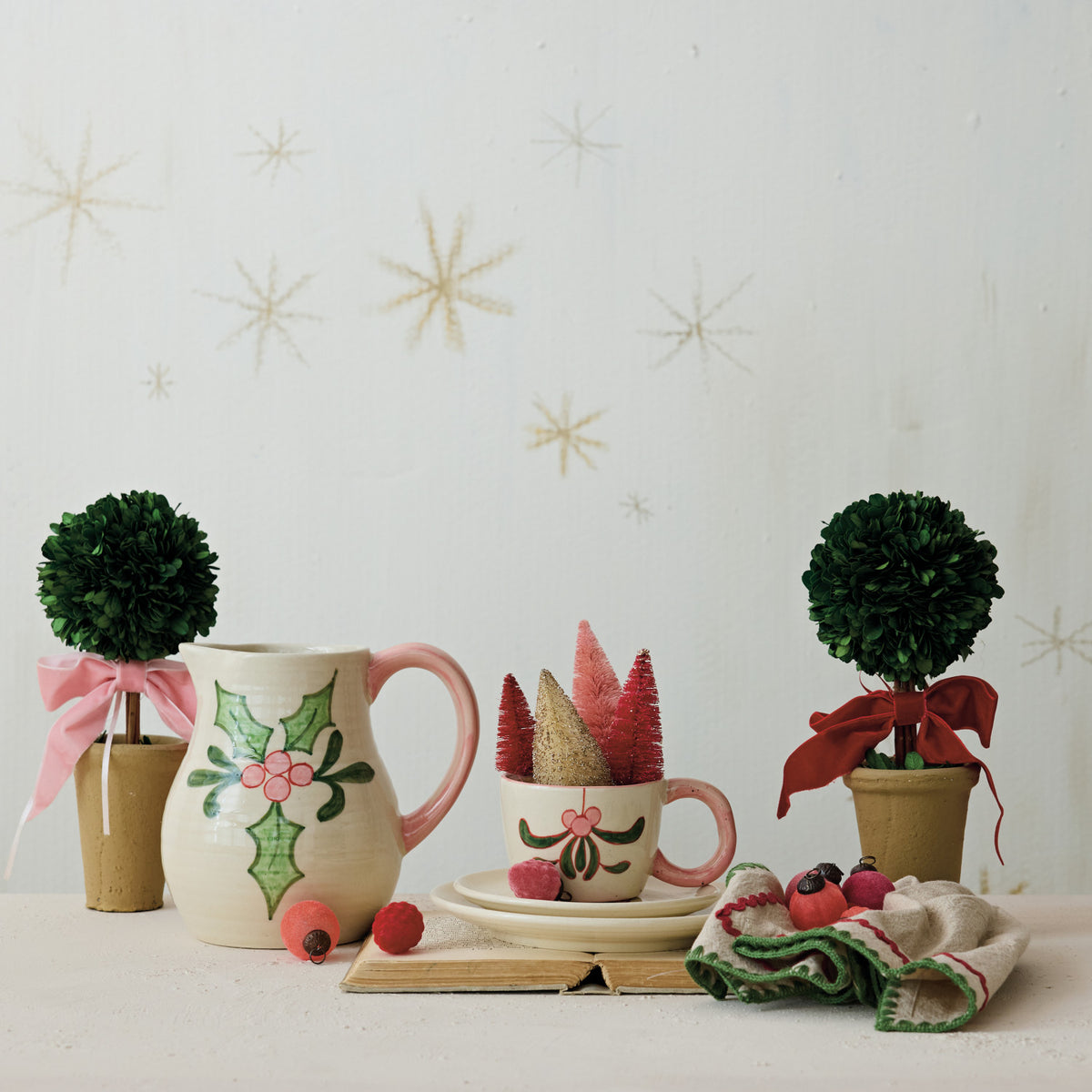 Dried Boxwood Tree with Red Velvet Bow