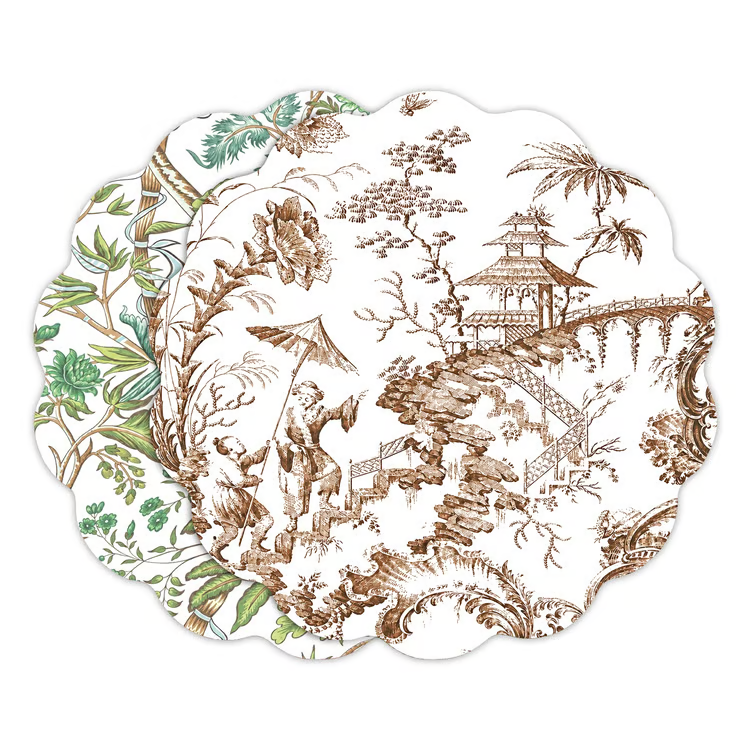 VIDA Chinoiserie and Tropical Reversible Placemats Set of 4 (Brown and Floral)
