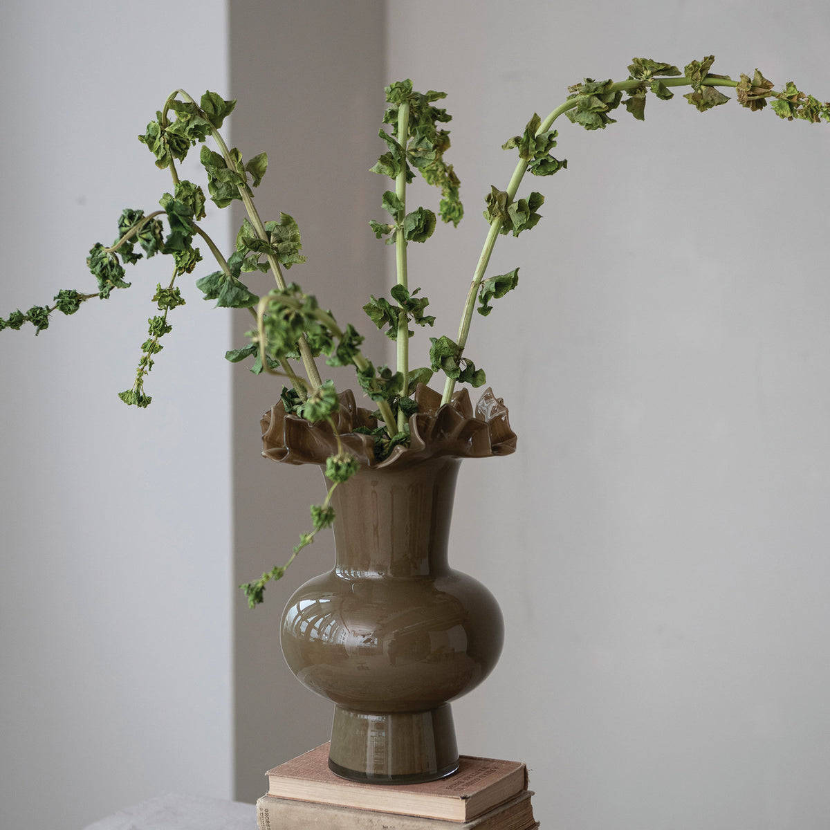 Opaque Olive Glass Footed Ruffled Vase