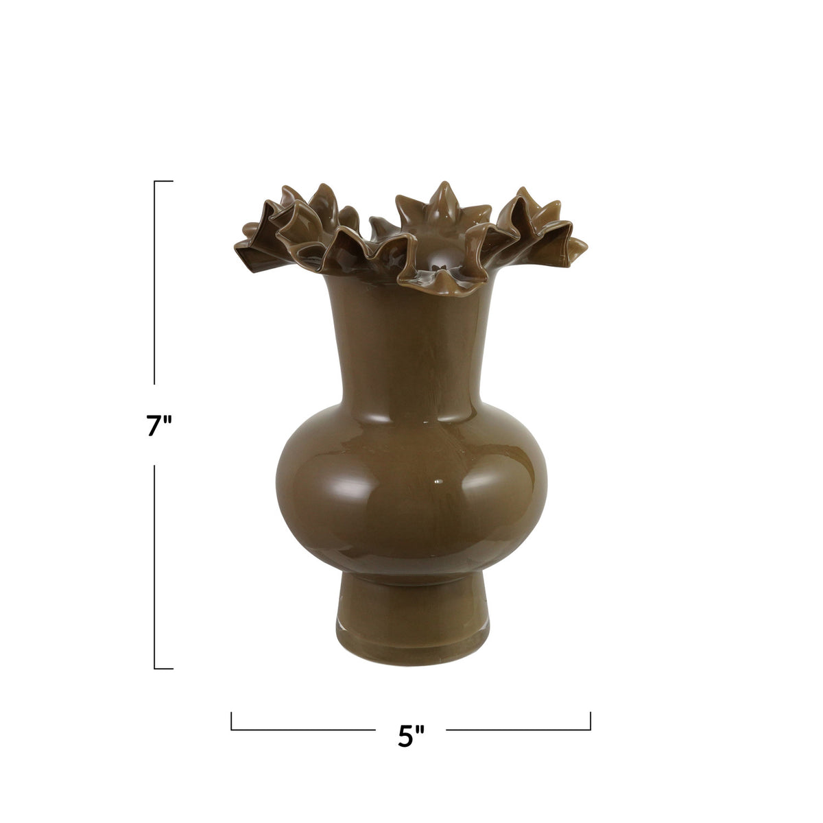 Opaque Olive Glass Footed Ruffled Vase