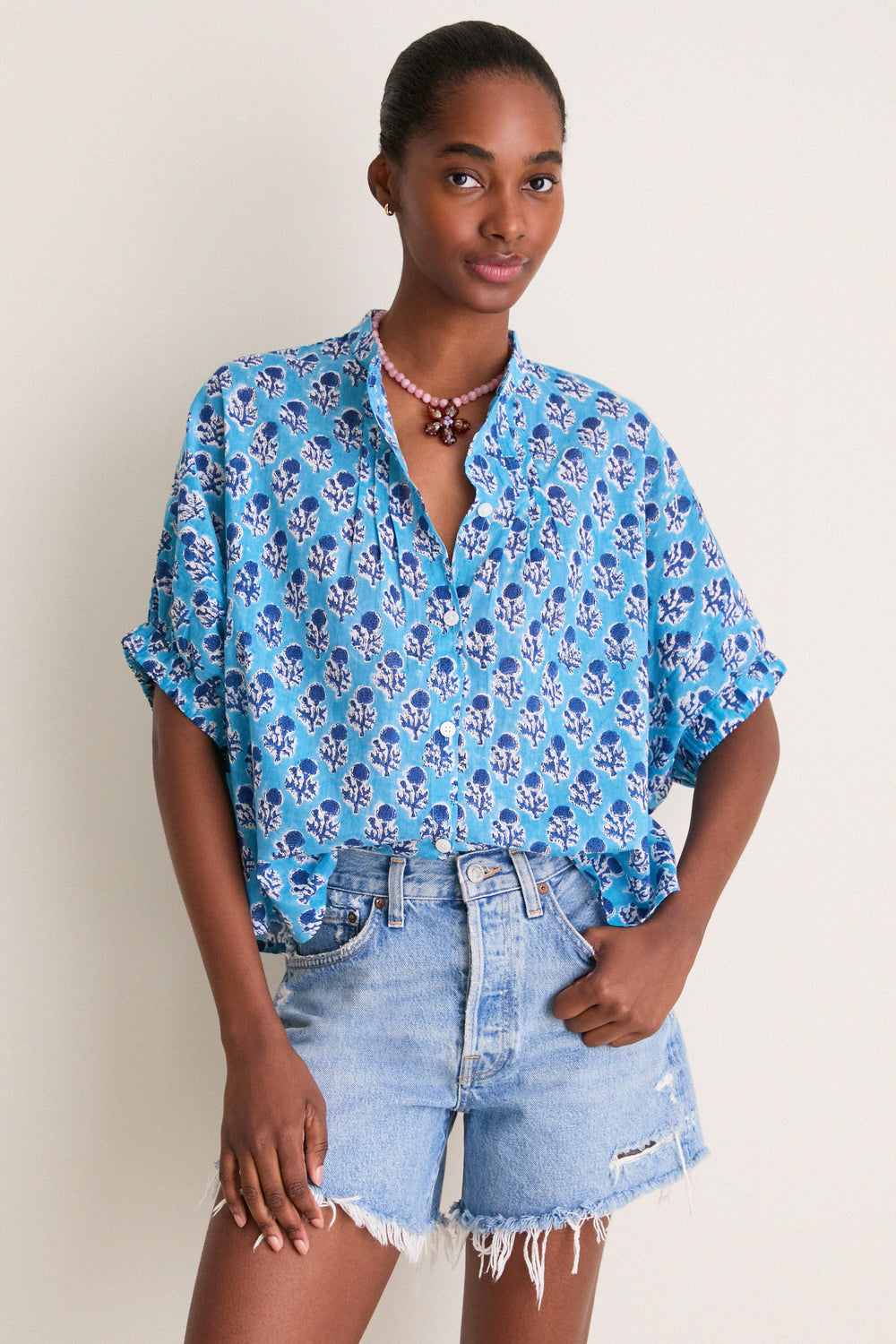 Mandarin Collar Top - Little Marigolds Danube Organic