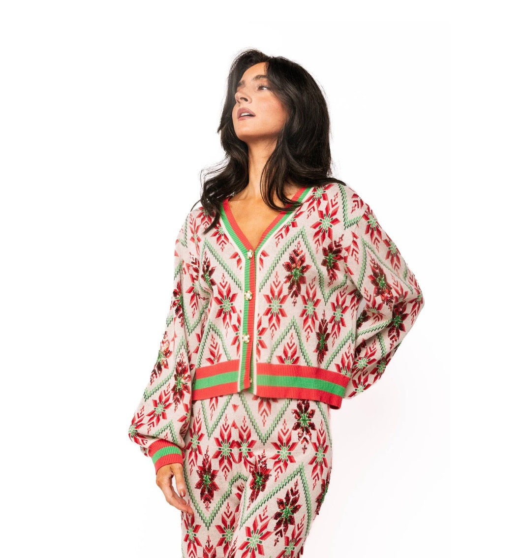 QOS Beige, Green, and Red Flower Print Christmas Cardigan