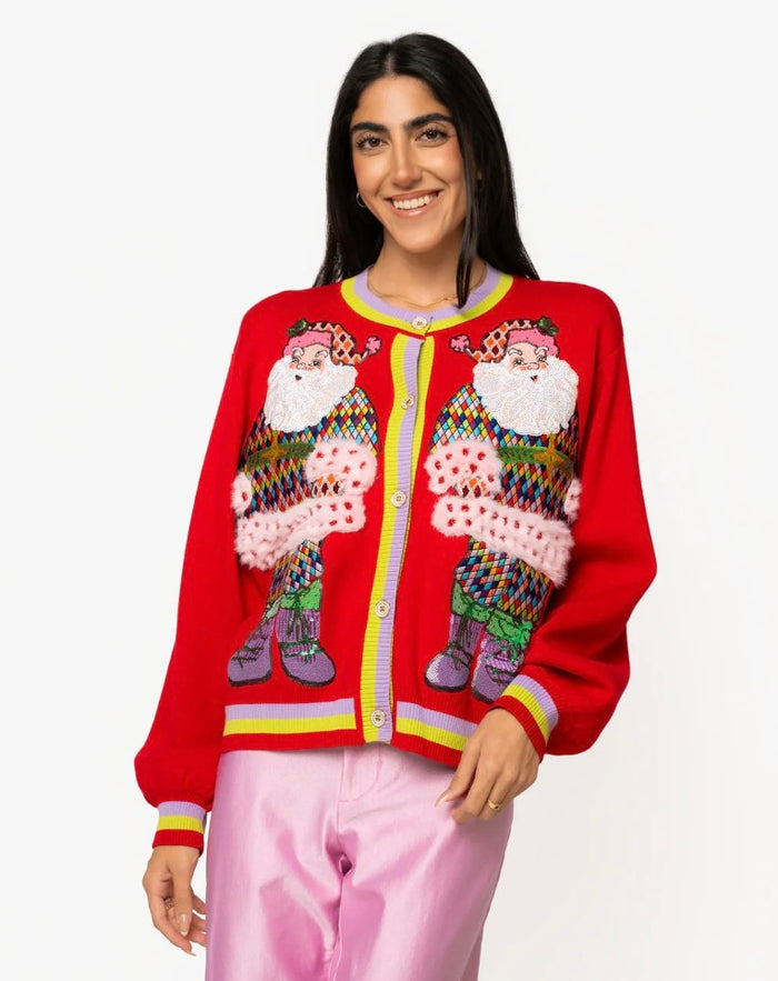 QOS Red Rainbow Santa Button Up Cardigan