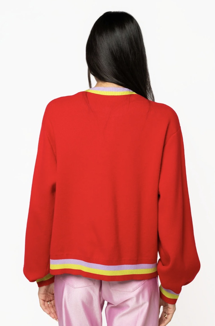 QOS Red Rainbow Santa Button Up Cardigan