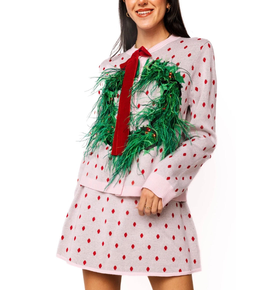 QOS Light Pink & Red Polka Dot Wreath Knit Sweater