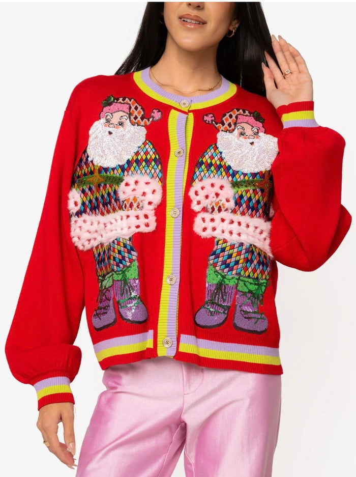 QOS Red Rainbow Santa Button Up Cardigan