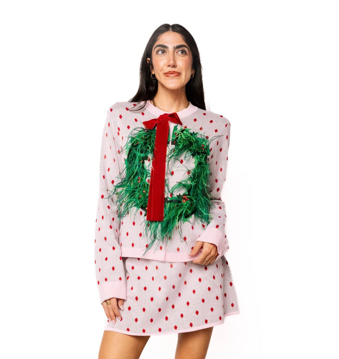 QOS Light Pink & Red Polka Dot Wreath Knit Sweater